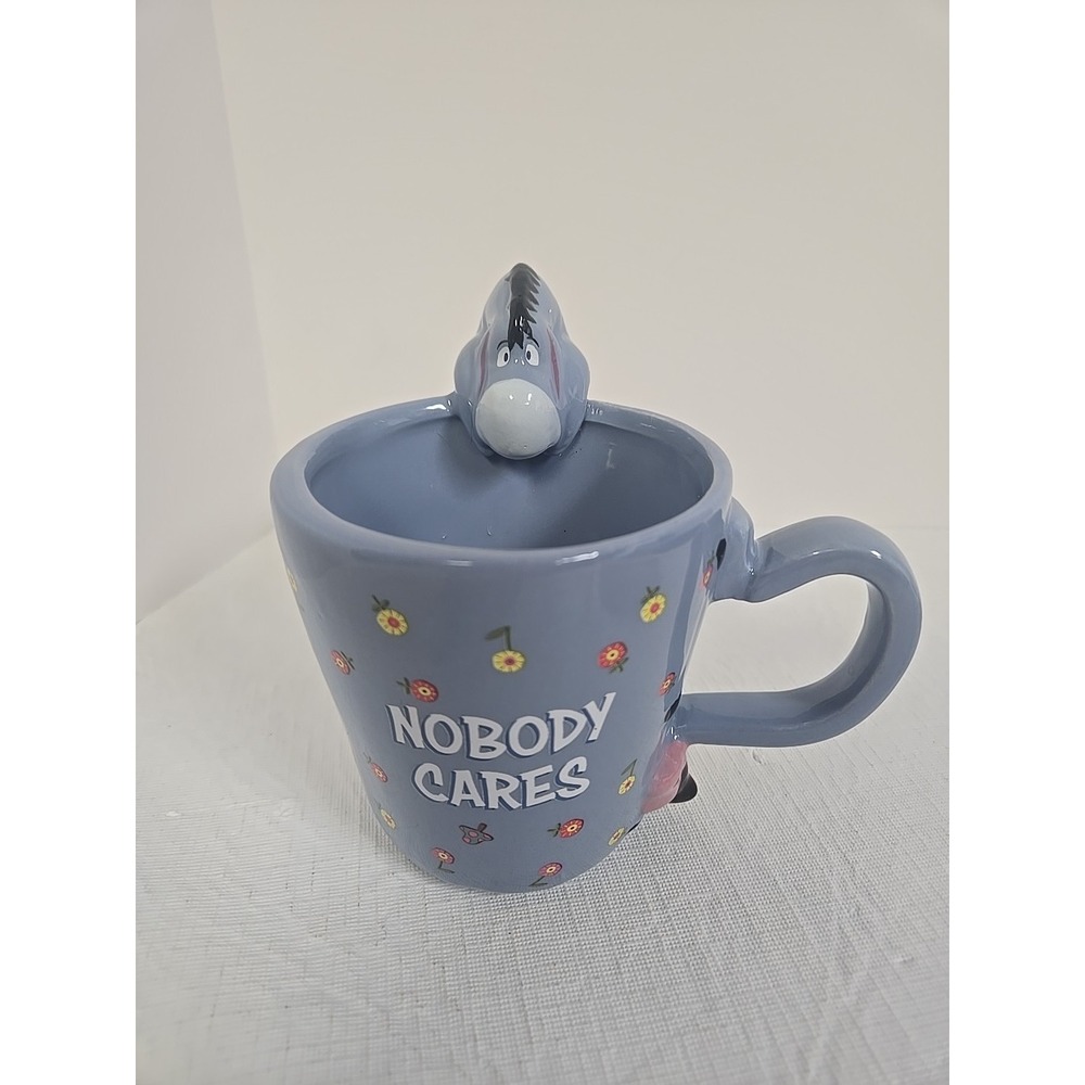 Eeyore Coffee Mug "Nobody Cares" Floral Pastel Blue Disney 3D Character NWT - Picture 2 of 6